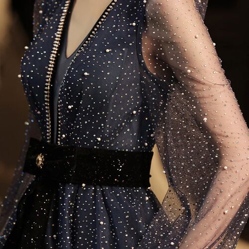 Navy Blue Deep V Neck Beading Slim Starry Evening Dress Fant