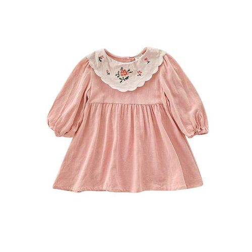 French Embroidered Girls Dress Spring Flower Lapel Long Sle