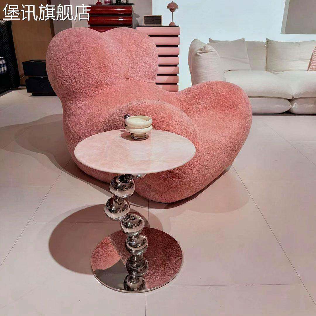 堡讯粉色大理石茶几轻奢高级感沙发小边几阳台小圆桌边柜拉车盖布