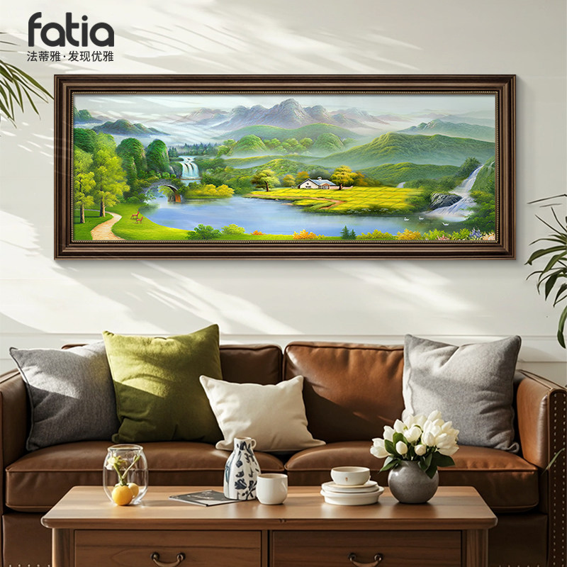 聚宝盆山水画客厅挂画风景手绘油画沙发背景墙装饰画西墙聚财壁画