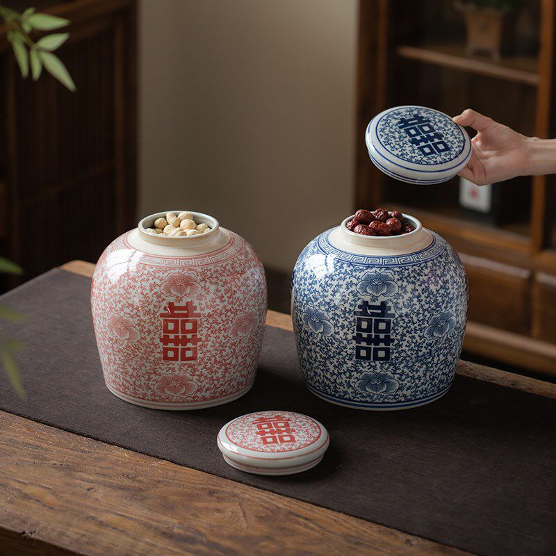复古陶瓷青花罐子喜字婚礼摆件防潮存储罐古典喜庆花瓶博古架装饰