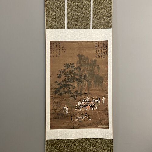 宋徽宗赵佶文会图   国画宣和裱茶画雅园聚会挂轴装裱檀木轴头