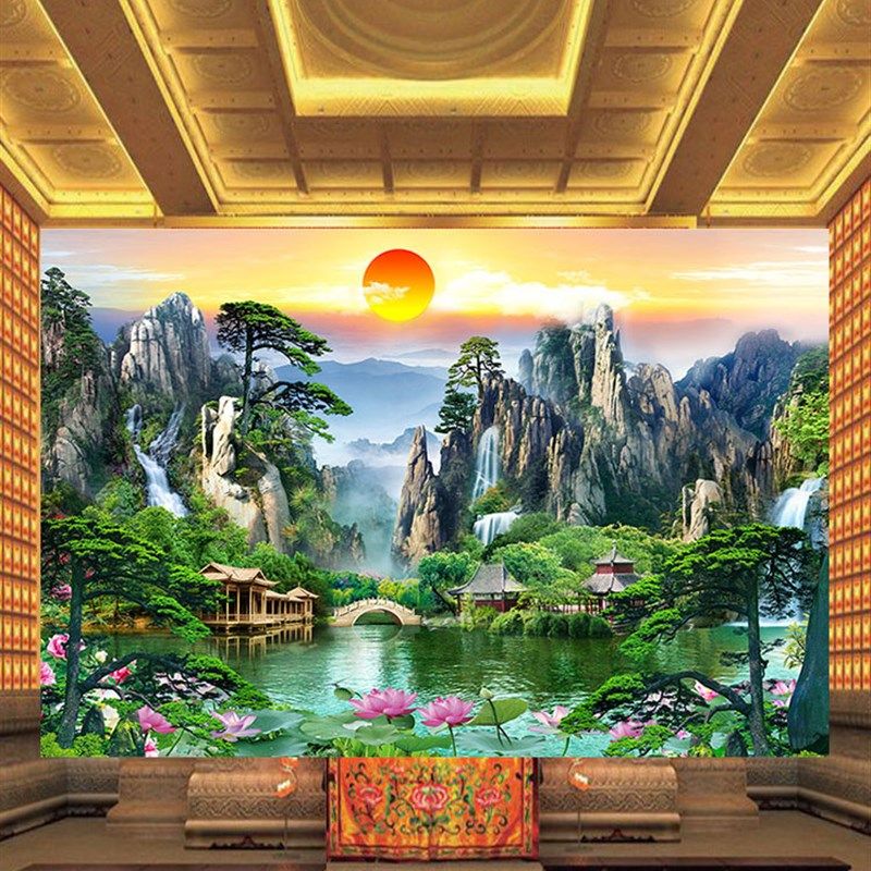 佛仙道堂无动物山水壁画松树风景客厅贴纸画流水聚宝盆墙布贴壁纸