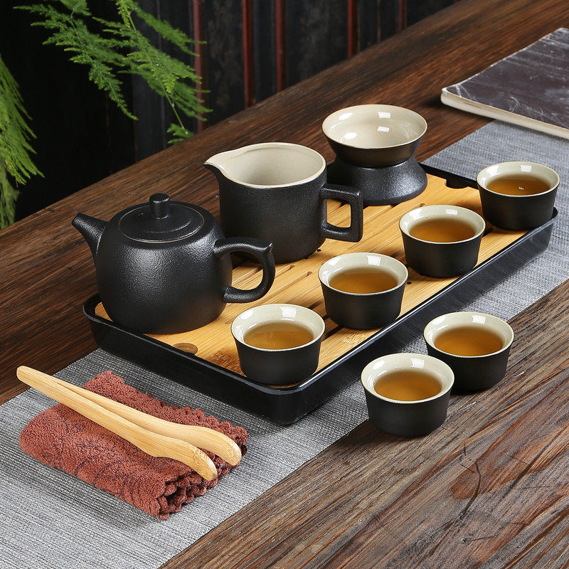 茗峰禅风黑陶功夫茶具套装提梁茶壶盖碗茶杯竹制茶盘中式整套茶具