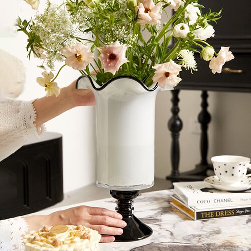 法式中古高脚杯玻璃花瓶高级感黑白客厅餐桌大口径水养鲜花插花器