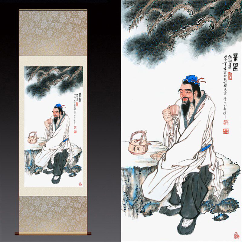 茶N圣陆羽画像 中式复古绢布挂画 茶馆茶庄装饰画卷轴画人物画包