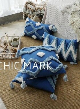 摩洛哥蓝色波浪几何沙发客厅簇绒抱枕靠四角流苏民宿午睡靠枕靠垫