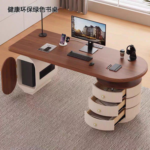 现代中式实木椭圆带抽屉电脑桌