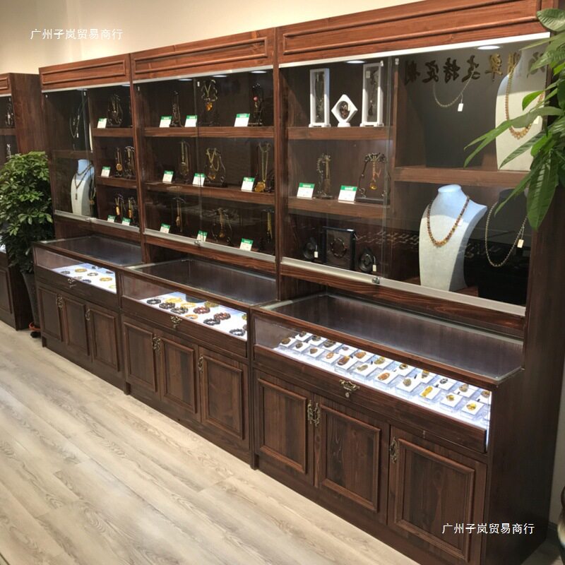 复古实木珠宝展示柜古玩玉器透明陈列柜首饰蜜蜡饰品玻璃中岛柜子