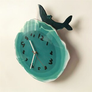 文艺挂钟治愈系卡通钟表静音挂墙钟蓝色海洋时钟山海经鲸鱼鲲璧钟