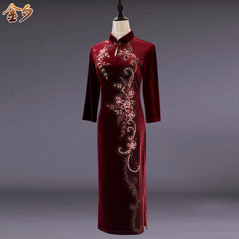 高端婚礼妈妈装旗袍裙中长款镶钻钉珠大码显瘦中年女装礼服连衣裙