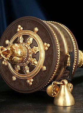 纯铜手摇转金轮莲师观音度母转金筒黄铜手持转轮古色红铜色摆件