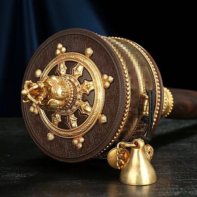 纯铜手摇转金轮莲师观音度母转金筒黄铜手持转轮古色红铜色摆件