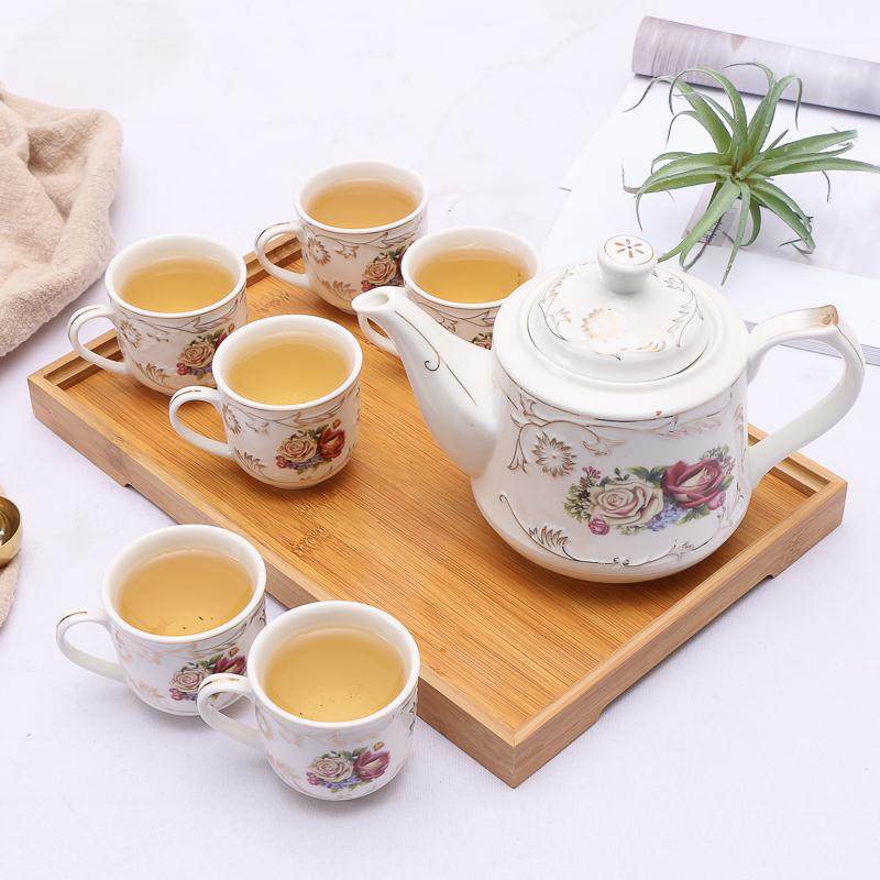 陶瓷茶具套装带托盘描金花餐厅家用茶壶水杯骨瓷欧式咖啡壶整套装