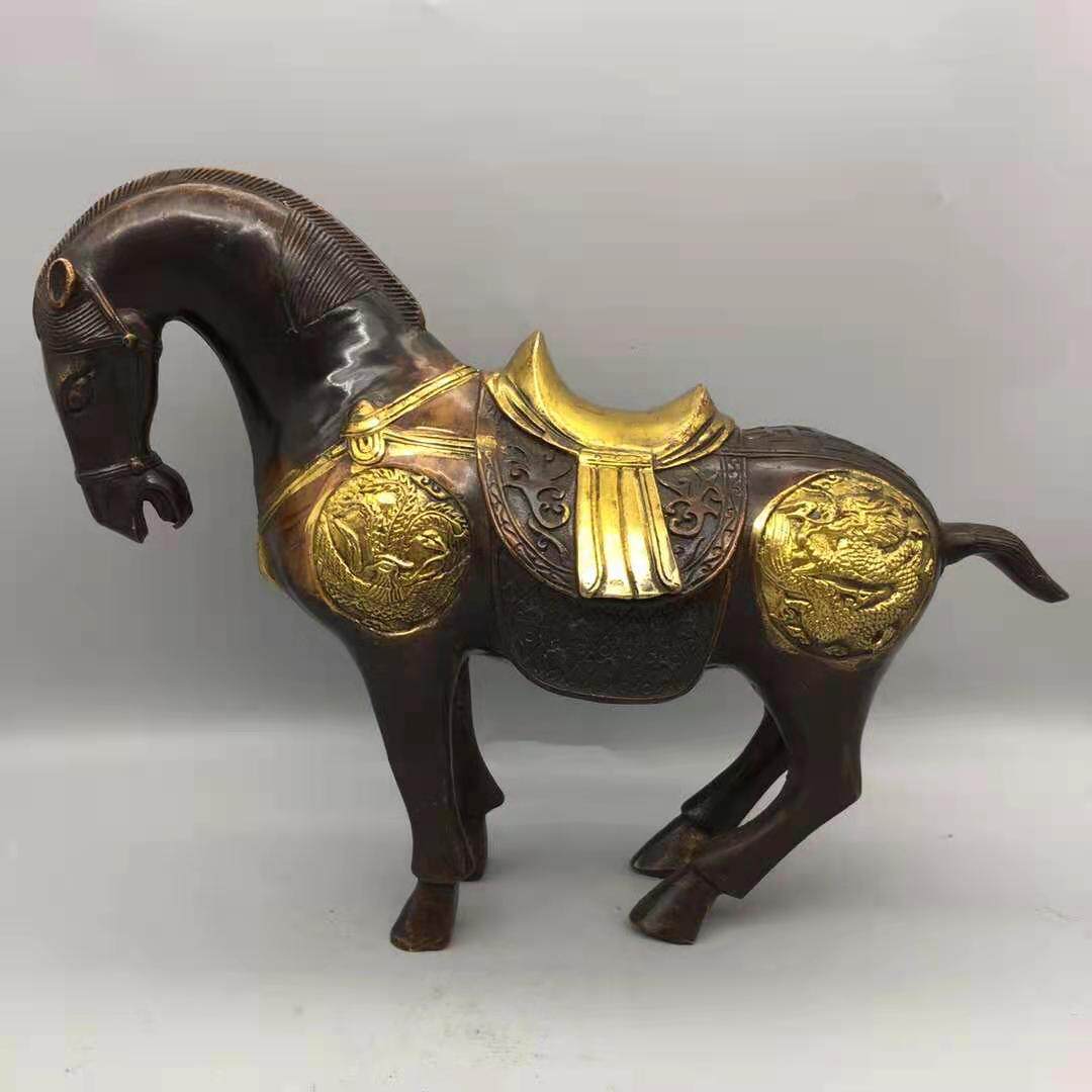 纯铜生肖马到成功仿古紫铜器鎏金龙凤马唐马招财骏马摆件古玩收藏