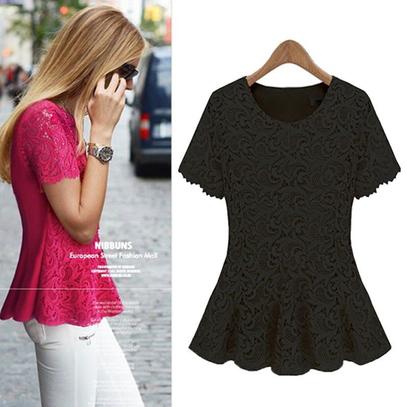 2024夏季新品胖mm显瘦蕾丝衬衫女装大码短袖雪纺小衫圆领打底上衣