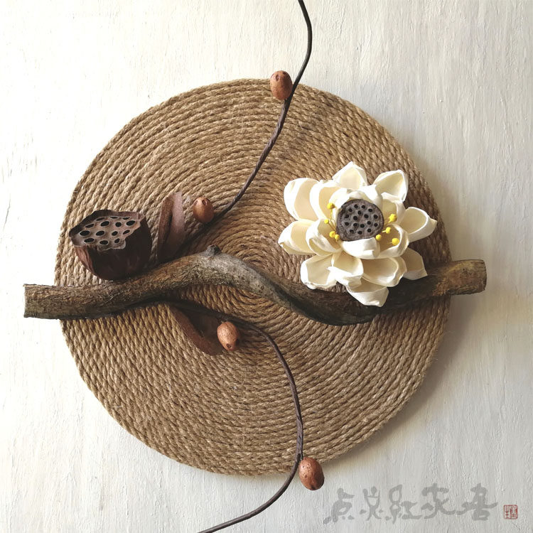 睡莲清韵麻绳圆形装饰画禅意新中式家居壁饰挂件干花玄关墙饰新品