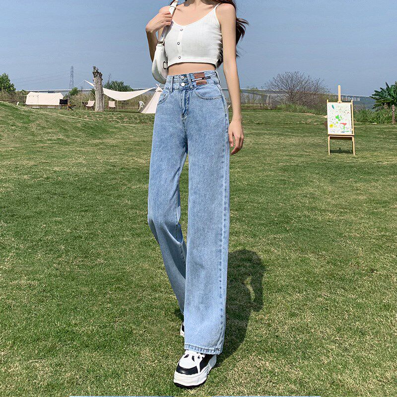 阔腿牛仔裤女高腰宽松垂感2024年新款春秋小个子窄版浅蓝色直筒裤