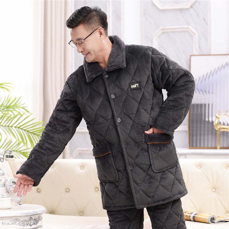 冬季加厚爸爸保暖家居服加大码老人睡衣男夹棉珊瑚绒中老年