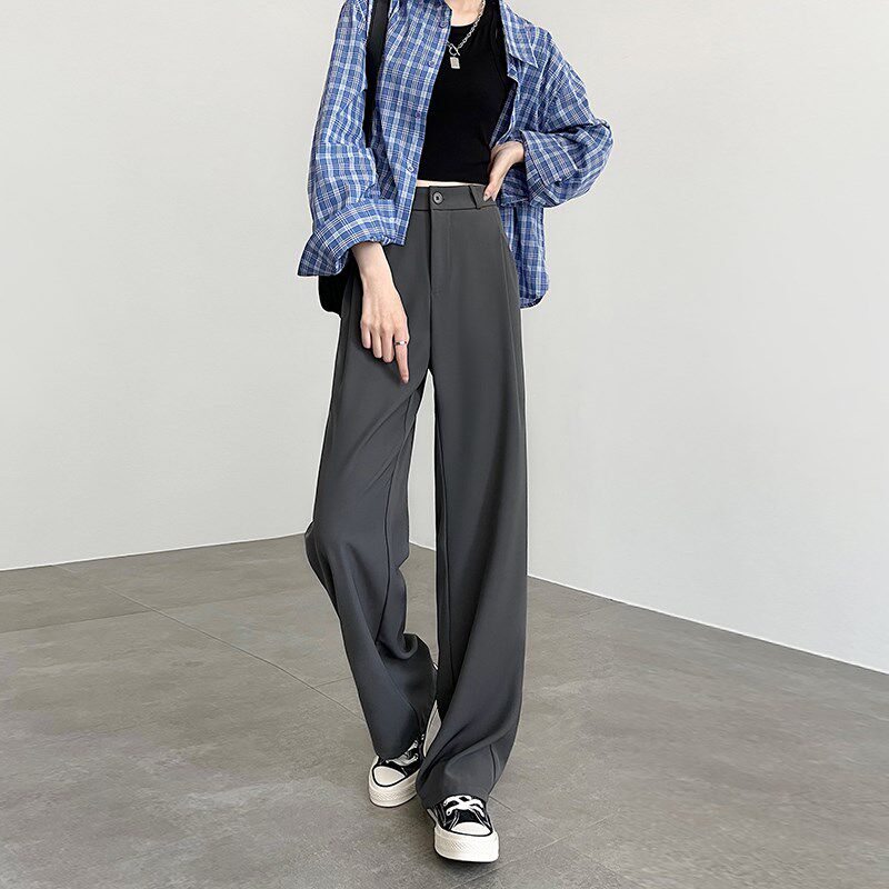 灰色西装裤女夏薄款2024新款春秋高级感垂感小个子直筒窄版阔腿裤