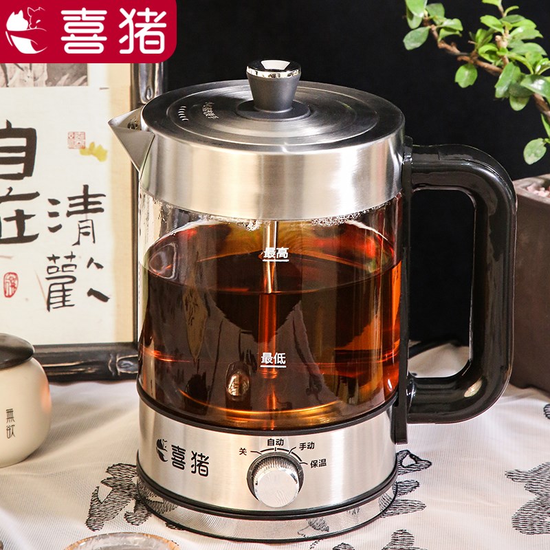 喜猪大容量蒸煮两用煮茶器双滤网蒸泡一体高硼硅加厚玻璃不锈钢