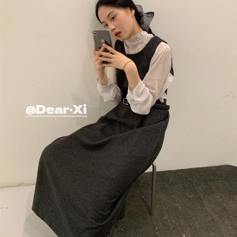 日了个韩宽松设计款中长款腰带收腰叠穿圆领毛呢背心连衣裙长裙