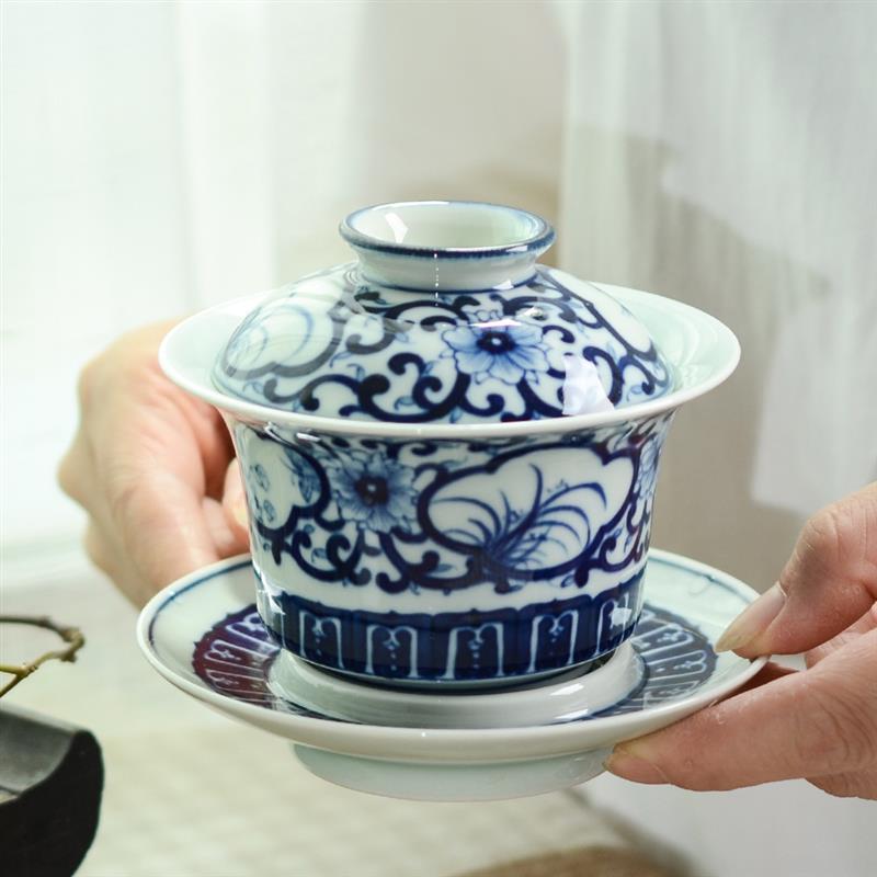 梅兰竹菊纯手工盖碗茶杯大号手绘蓝地青花景德镇陶瓷茶具三才盖碗