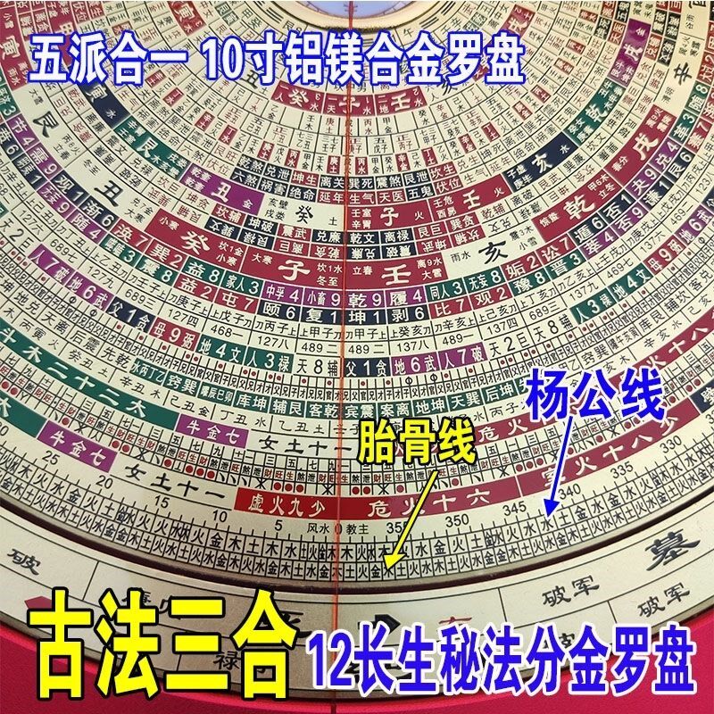 10寸古法三合罗盘三元玄空大卦辅星水法杨公线胎骨线龙门八局八宅