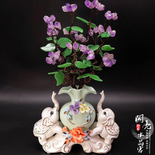 天然黄水晶招财树陶瓷大象客厅玄关酒柜摇钱树办公室居家送礼摆件