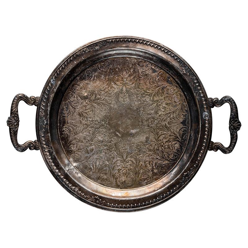 8.12 T组 精品 西式古董复古VINTAGE 镀银带把大餐盘 家居旧物
