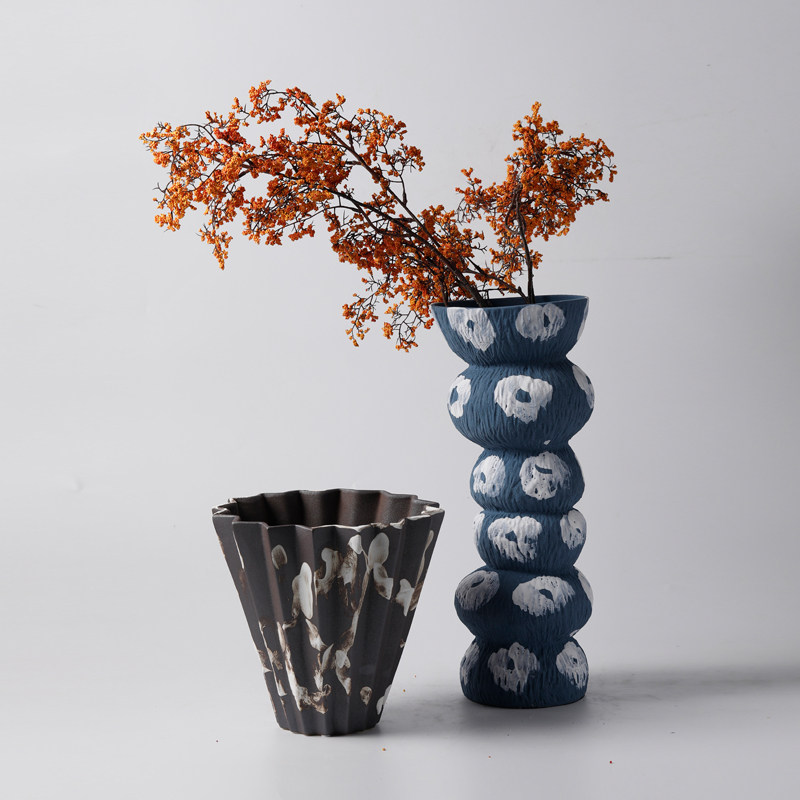 中式侘寂风手工陶瓷花瓶日式风蓝色花器插花样板房间客厅餐桌摆件