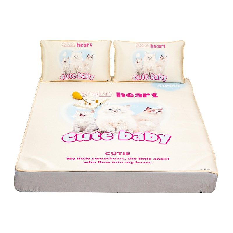 可爱小猫冰丝席三件夏季床垫可机洗席子宿舍单人可机洗折叠凉席,床上用品,冰丝席,淘宝优惠券,粉丝福利购,淘宝优惠卷