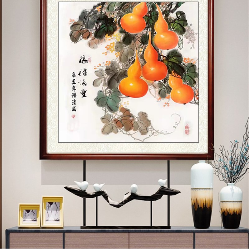葫芦画福禄斗方手绘国画花鸟画中式入户玄关挂画走廊装饰画餐厅画