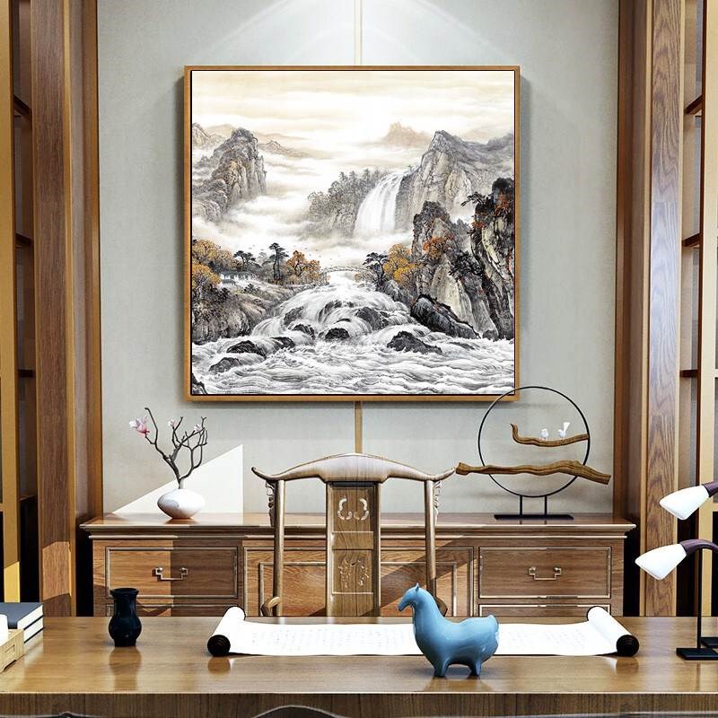 山水风景画客厅挂画正方形办公室装饰画高山流水生财靠山招财壁画