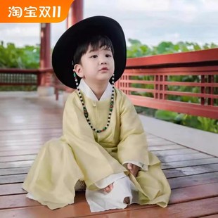 新款儿童汉服春秋中国风男童唐朝圆领袍黄色演出书生李白国庆表演