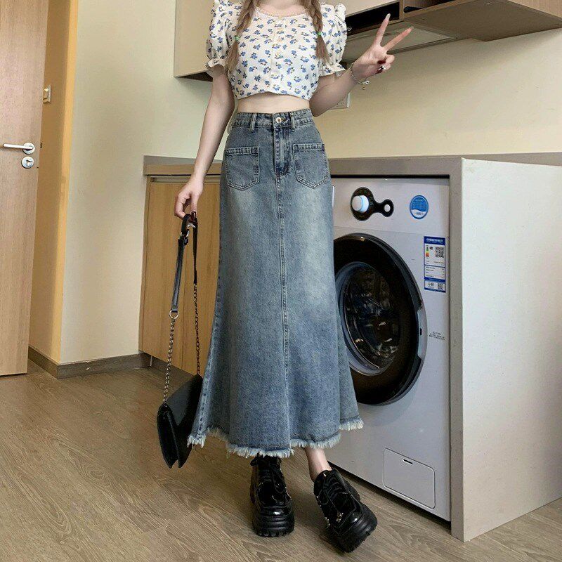 复古牛仔半身裙女2024年夏季新款高腰小个子显瘦毛边中长款鱼尾裙