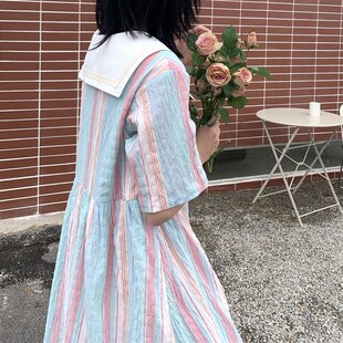 夏日女孩彩色条纹海军领拼接连衣裙女清新学院风裙子可爱少女感