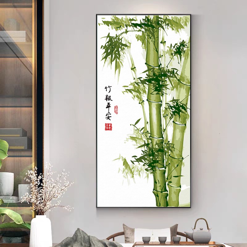 竖版大幅竹报平安DIY数字油画新中式客厅玄关装饰画水墨竹子挂画