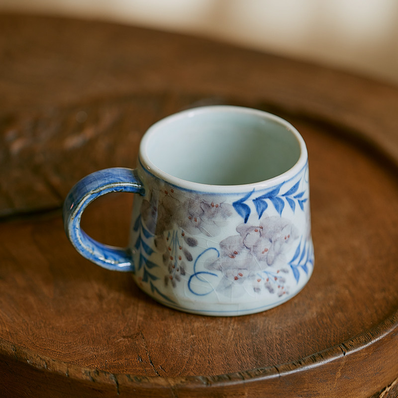 梵悦景德镇青花手绘小兔子咖啡杯柿子猫咪粗陶复古开片水杯马克杯