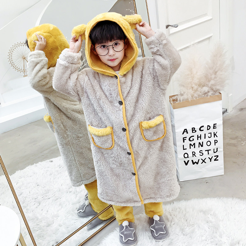 儿童睡衣珊瑚绒秋冬季法兰绒男童小孩大童加长连帽加厚款睡袍套装
