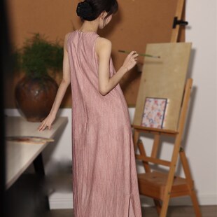喵吉复古法式无袖露肩宽松小个子长款粉色条纹背心渡假连衣裙女夏