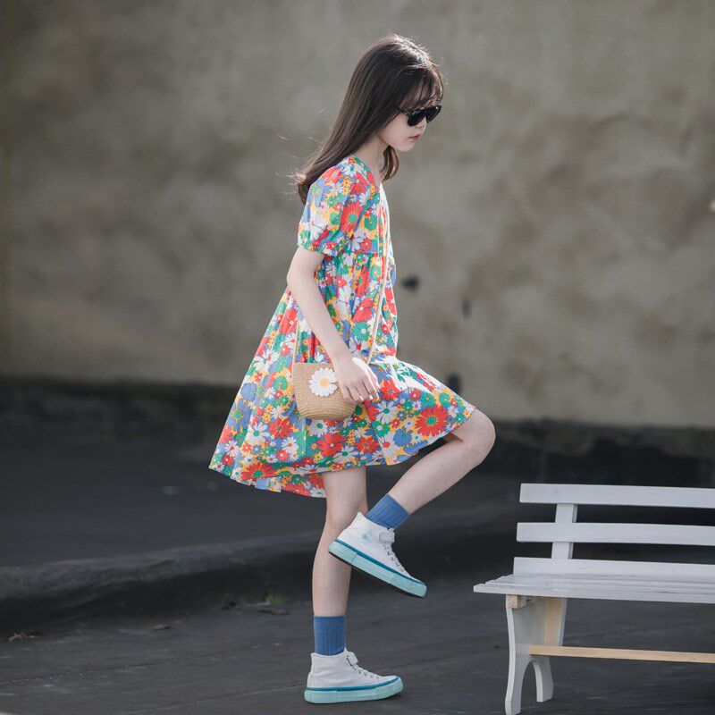 女童连衣裙夏季女孩短袖碎花裙中大童薄款夏装纯棉公主裙中大童装