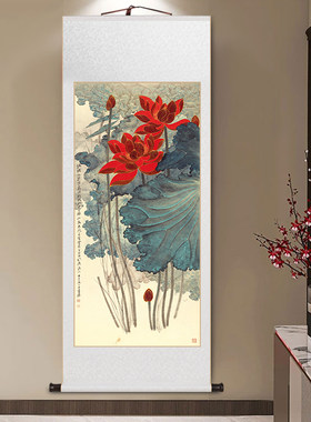 名家金线荷花卷轴挂画中式客厅玄关装饰画茶室壁画字画装裱竖版