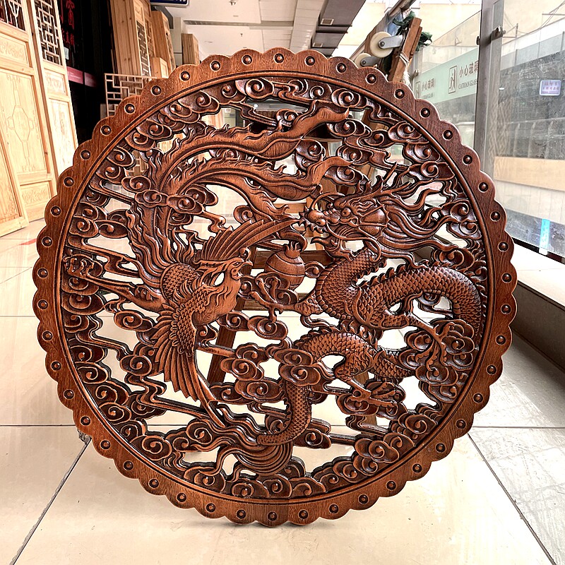 东阳木雕背景墙壁挂件香樟实木质中式仿古装饰工艺品圆形龙凤麒麟