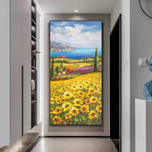 向日葵手绘油画挂画风景地中海玄关装 客厅走廊壁画梵高 饰画竖版