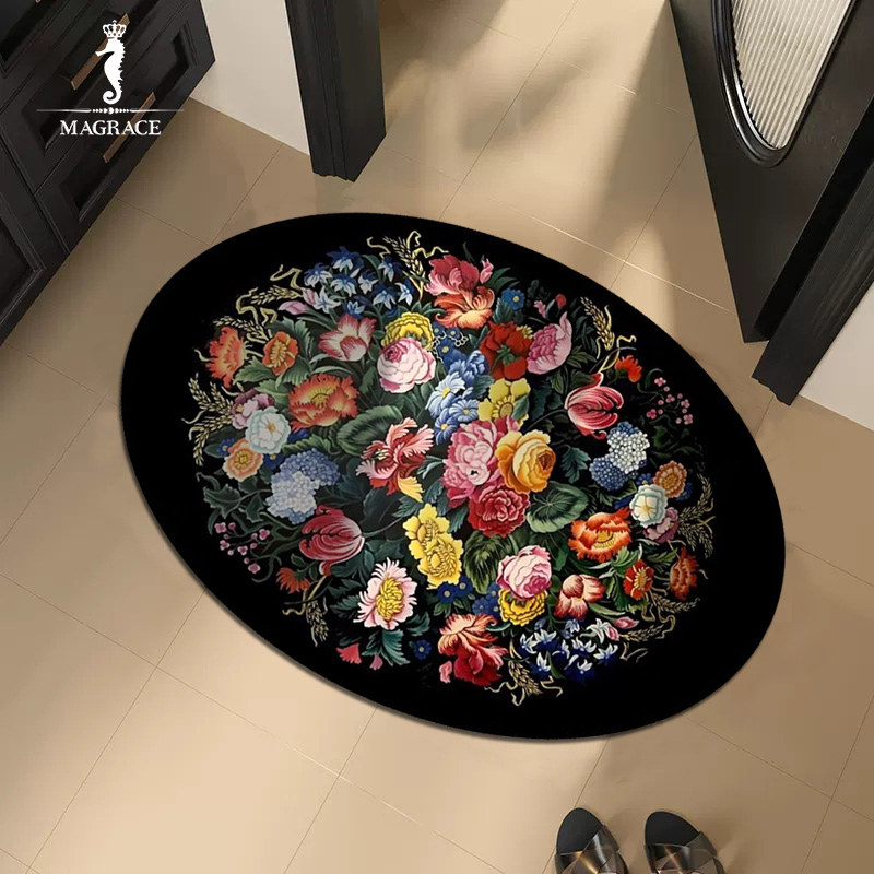欧美复古金钻绒黑夜花卉椭圆地毯客厅卧室浴室门厅地垫,居家布艺,入户地垫,淘宝优惠券,粉丝福利购,淘宝优惠卷