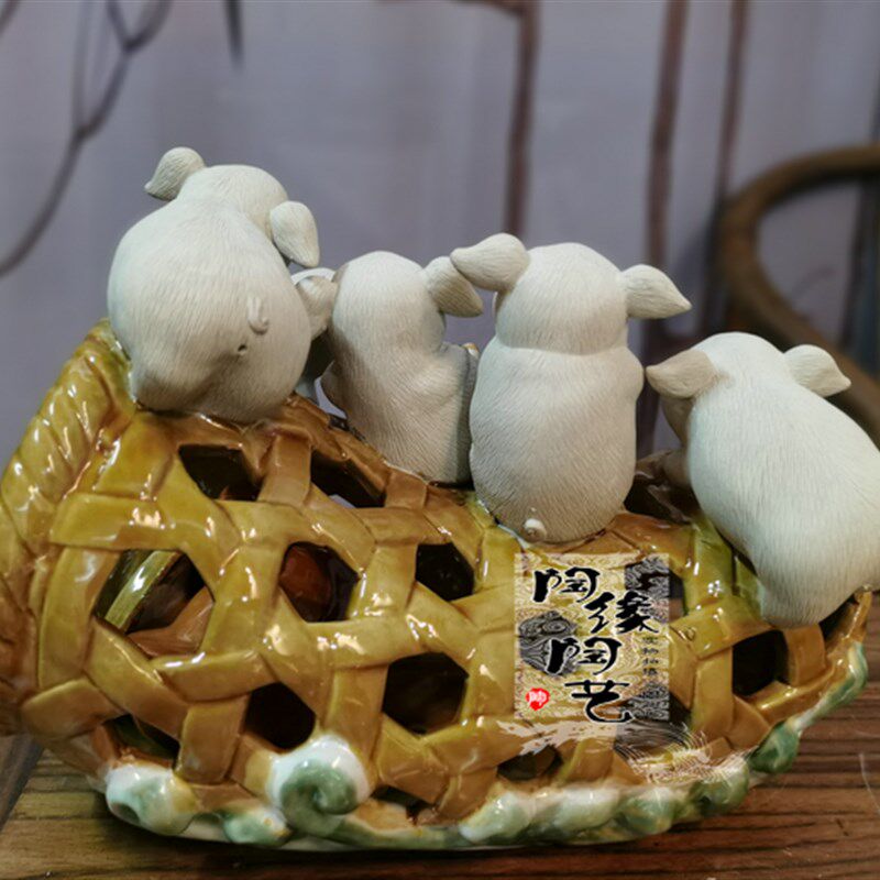 陶瓷工艺品 石湾公仔 猪笼入水 猪 生肖 五福临门