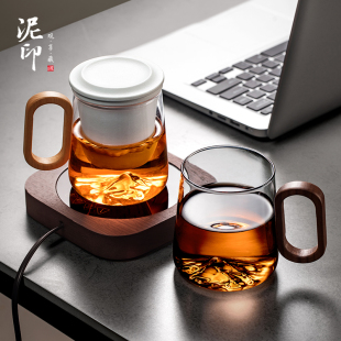 泥印高档玻璃茶杯带把茶水分离男款大容量女款带盖办公室水杯定制