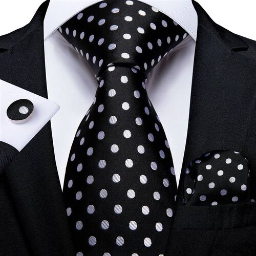 White Dot Black Silk Ties For Men Business Wedding 8cm Mens