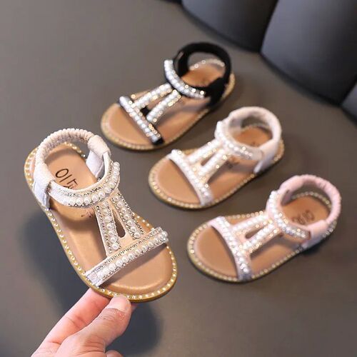 Summer Girls Sandals Fashion Pearl Roman Sandals Rhinestone